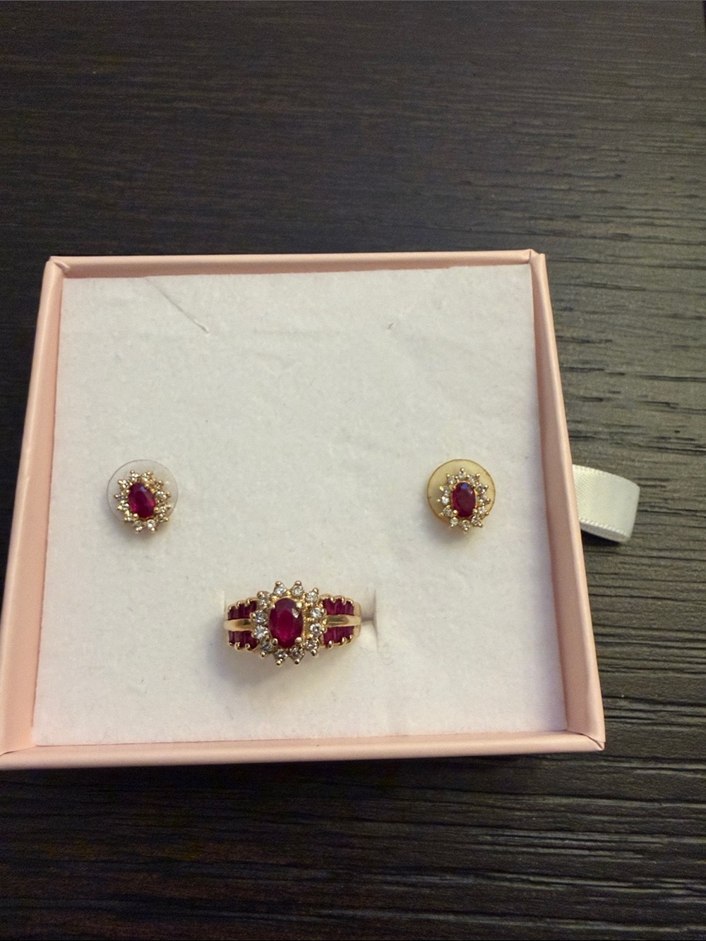 Gold Ruby Red Ring and Earring Set